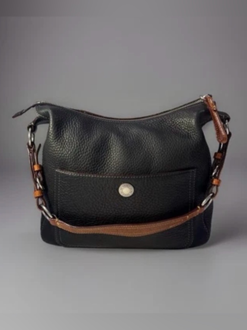 COACH Hobo Black Pebbled Leather Bag/Purse Brown shoulder Strap Zip Close - Picture 2 of 16